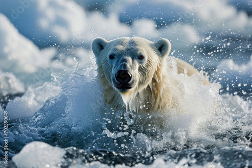 A polar bear emerging from the Arctic waters with a splash © Veniamin Kraskov