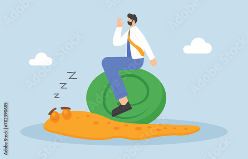 cartoon businessman works slowly like rides  snail, vector, illustration

