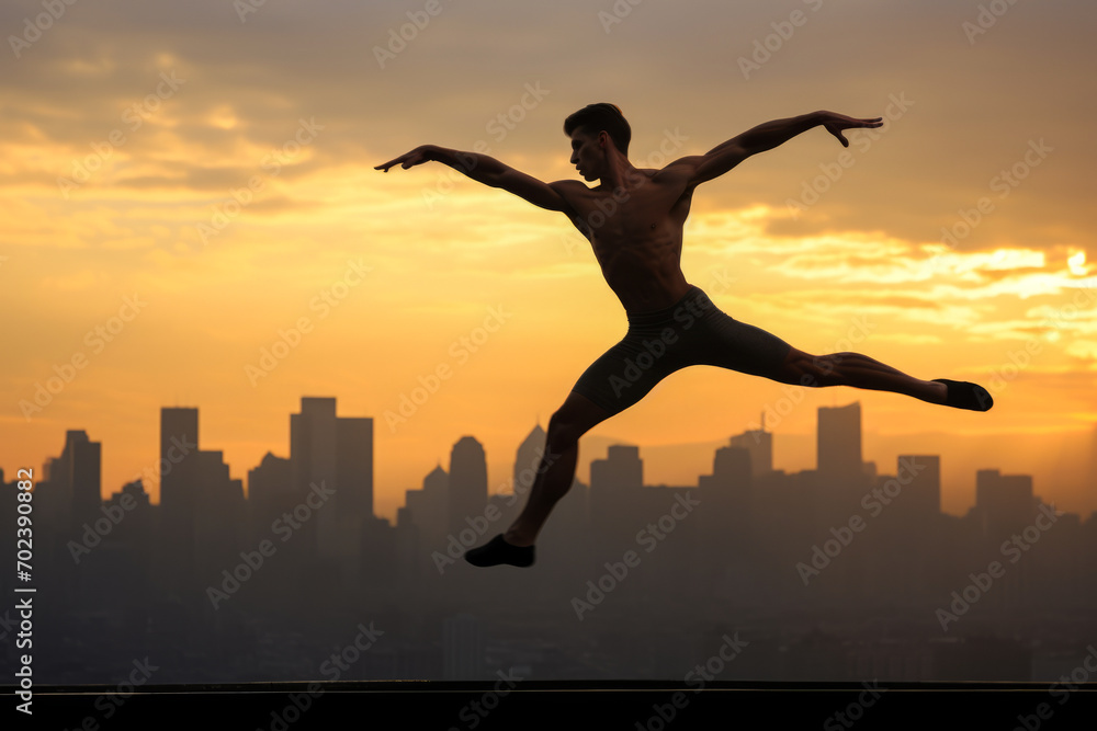 Gymnast flexing his agility against the backdrop of a city's silhouette under the cover of night.