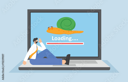 cartoon businessman show laptop too slow loading snail, vector, illustration

