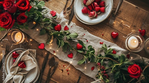 Romantic Table Elegance: Capture the essence of love with a top view of a Valentine's Day table runner, featuring heart motifs and roses for a romantic and stylish dining setting.