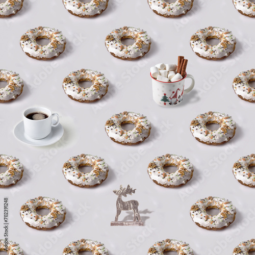 Christmas cake, cup of coffee, mug of cocoa with marshmallows, wooden figurine of deer, seamless pattern