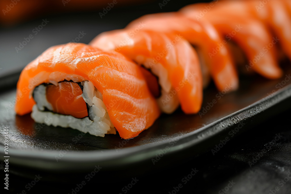 salmon sushi on top of black plate salmon sushi on top of black plate