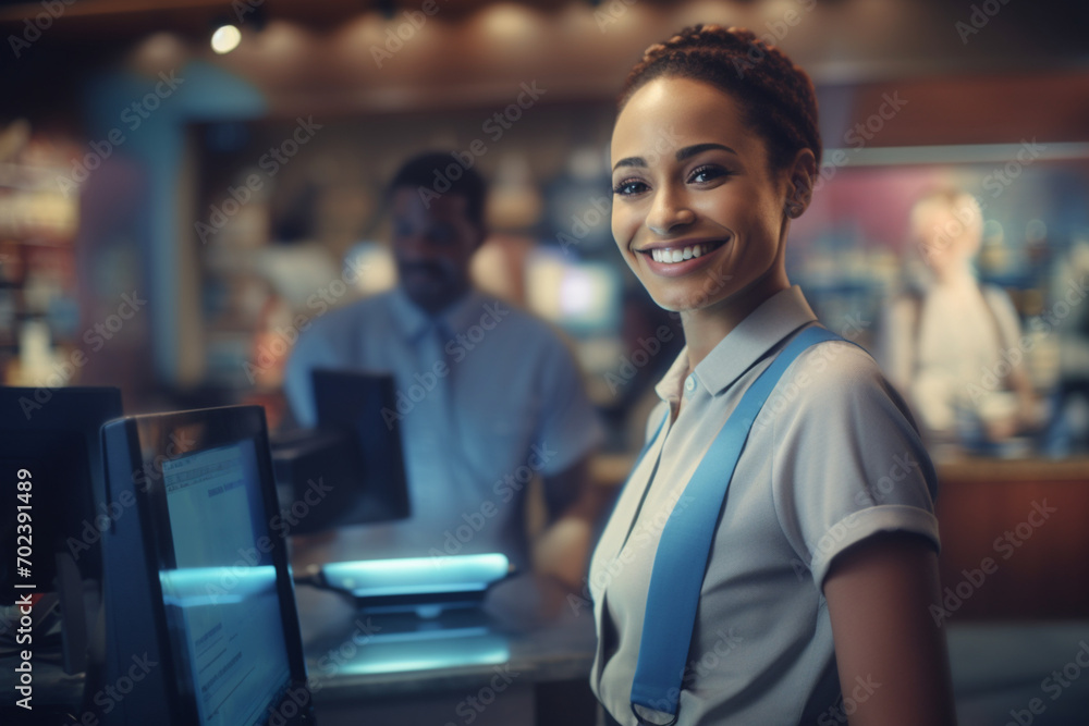 Friendly Cashier Smiling at Checkout Desk in Store Friendly Cashier Smiling at Checkout Desk in Store