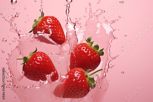 Fresh Red Strawberries Splashing into Milk on Pink Background