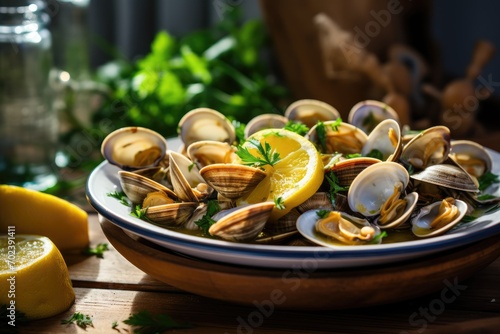 Fototapeta Naklejka Na Ścianę i Meble -  Portuguese Seafood Culinary: Savor the essence of Portugal's gastronomy with Ameijoas à Bulhão Pato, a dish of fresh clams, lemon, and parsley, presenting a flavorful and traditional culinary delight.