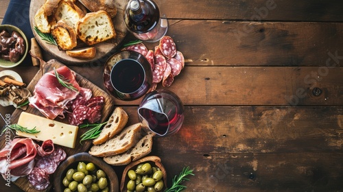 Spanish Culinary Fiesta: An enticing tapas and charcuterie banner with blank space for text, showcasing an assortment of cured meats, cheese, olives, and wine glasses against a rustic backdrop.