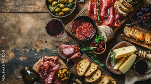 Spanish Culinary Fiesta: An enticing tapas and charcuterie banner with blank space for text, showcasing an assortment of cured meats, cheese, olives, and wine glasses against a rustic backdrop.

 photo