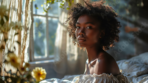 Young woman sitting in her bed, looking at the camera, World Sleep Day banner. Scandinavian-style bedroom, permeated with the rays of the summer sun