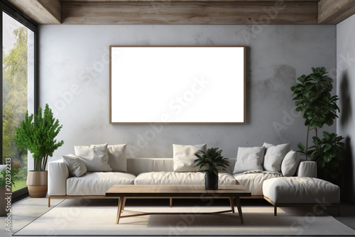 Modern and minimalistic living room with photo frame, concrete wall finish