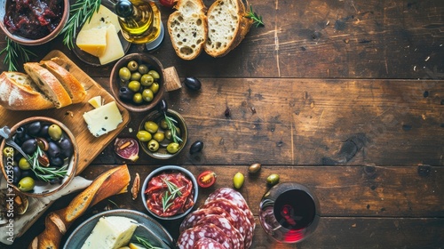 Spanish Culinary Fiesta: An enticing tapas and charcuterie banner with blank space for text, showcasing an assortment of cured meats, cheese, olives, and wine glasses against a rustic backdrop.