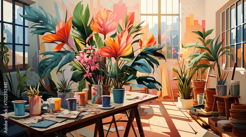 Foto vibrant indoor garden with potted plants and painting supplies