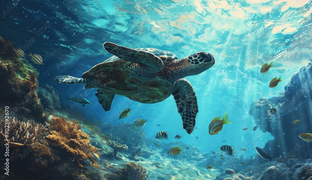 Ocean Harmony: Experience the serene beauty of a turtle and fish swimming together in the ocean, showcasing the peaceful coexistence and graceful collaboration of marine life.
Ocean Harmony: Experience the serene beauty of a turtle and fish swimming together in the ocean, showcasing the peaceful coexistence and graceful collaboration of marine life.