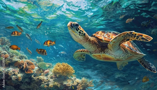 Ocean Harmony: Experience the serene beauty of a turtle and fish swimming together in the ocean, showcasing the peaceful coexistence and graceful collaboration of marine life.   © Mr. Bolota