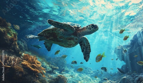 Ocean Harmony: Experience the serene beauty of a turtle and fish swimming together in the ocean, showcasing the peaceful coexistence and graceful collaboration of marine life.   © Mr. Bolota