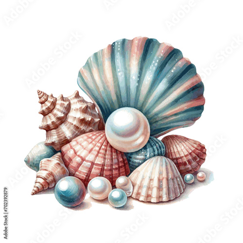 Colorful sea shell watercolor paint. Vector Illustration
