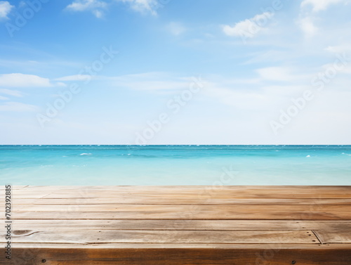 Blue Ocean and Sky Over Wooden Deck © duyina1990