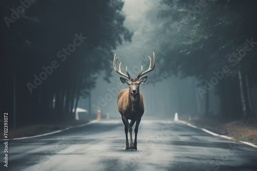 Wild animal on asphalt road in foggy morning, dangerous situation for driver on the road. Deer crossing car road near forest