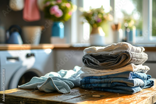 Stacked clean washed clothes on wooden board against background with washing machine in home laundry © Lazy_Bear