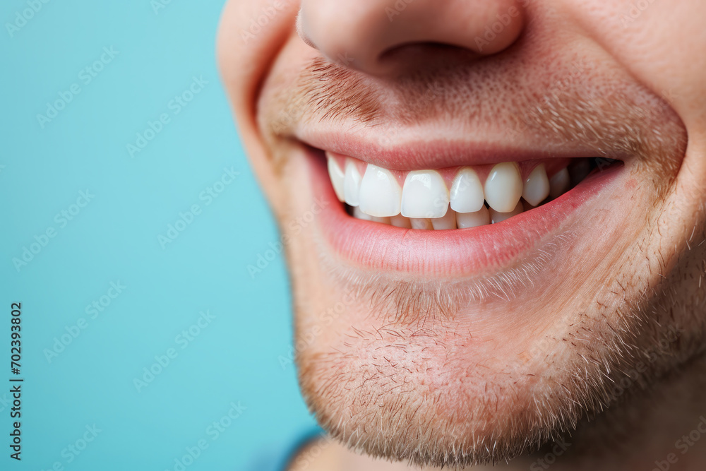 Obraz premium Man with white teeth smiling on pastel blue background. Close up portrait of happy emotion
