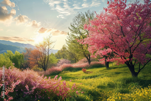 Beautiful spring landscape. Blooming trees on the meadow with flowers and green grass at sunny day