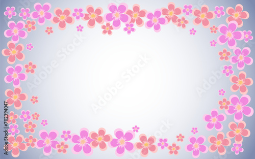 Spring vector background with pink flowers around the edges. Frame of apple flowers. Background for postcard, invitation, congratulation and banner.