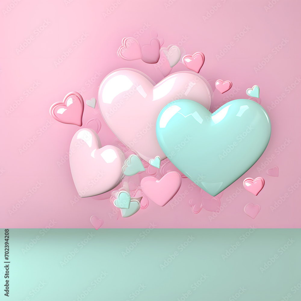 Pastel pink and green hearts  on  background, elegant wedding card, invitation message for Valentine day, for engagement and romantic gift for lover.