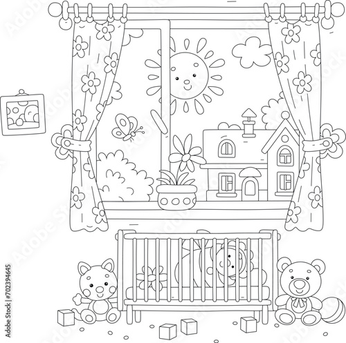 Smiling sun in a nursery window with pretty curtains and a cute newborn baby lying in a small cot among funny toys, black and white outline vector cartoon illustration for a coloring book