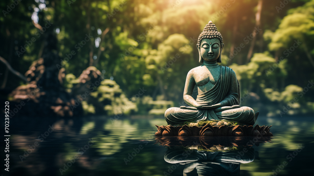 A statue of Buddha seating in a meditative pose in a lush green forest setting, with mist and sunlight filtering through the trees. Ethereal and mystical mood.