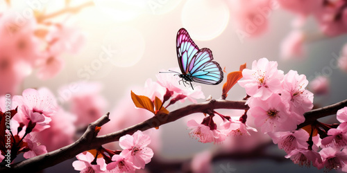 Enchanting Spring Elegance: Close-up of Soft Pink Sakura Flowers and Butterfly in Nature's Radiance © Bartek