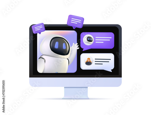 Online communication with chat bot concept 3D illustration. Robot answer customer in chatbot service. Dialog between AI