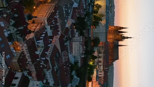 Old Town with St. Vitus Cathedral and Prague castle complex. Aerial vertical, vertical video background. photo