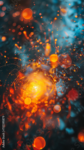 A golden orb radiates an intense light amidst surreal water droplets, which refract the light, creating intricate patterns of brightness and darkness. Deep blue and bright orange hues. Mystical mood.