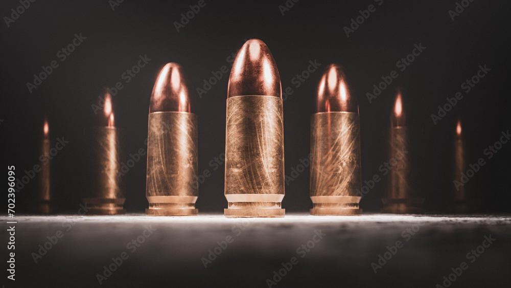 9mm bullets standing in light, CGI, 3D render - obrazy, fototapety, plakaty 