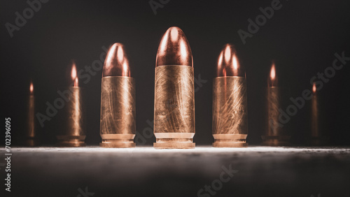 9mm bullets standing in light, CGI, 3D render photo