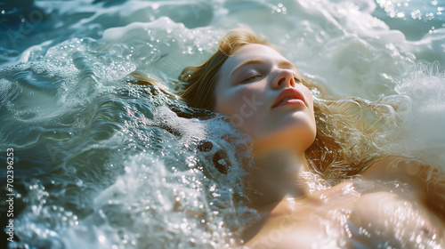 A young woman with her eyes closed partially submerged in water with small ripples. Sunlight is shining on the water  creating bright reflections and giving it a sparkling appearance. Dreamy mood.