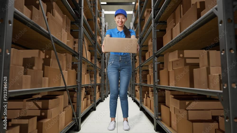 Full Body Of Asian Female Courier In Blue Uniform Showing A Carton To Camera And Smiling While Delivering It In Warehouse
Full Body Of Asian Female Courier In Blue Uniform Showing A Carton To Camera And Smiling While Delivering It In Warehouse