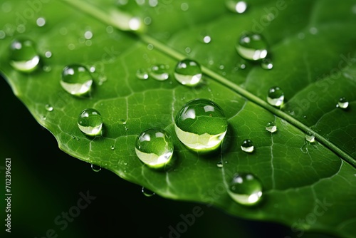 Drops of water on a green leaf. Macro shot. Generative Ai