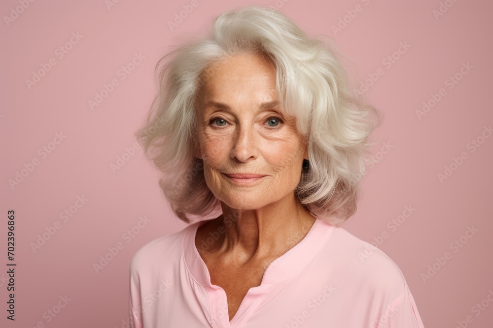 Portrait of a beautiful senior woman with white hair on a pink background Portrait of a beautiful senior woman with white hair on a pink background