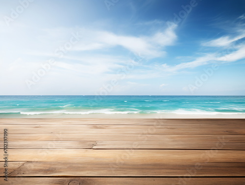 Wooden dock over calm ocean with bright blue sky and white clouds