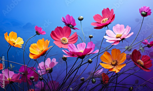 Vibrant Cosmos Flowers Dancing in the Breeze on a Gradient Violet and Blue Background, Depicting Natural Beauty and the Joy of Spring