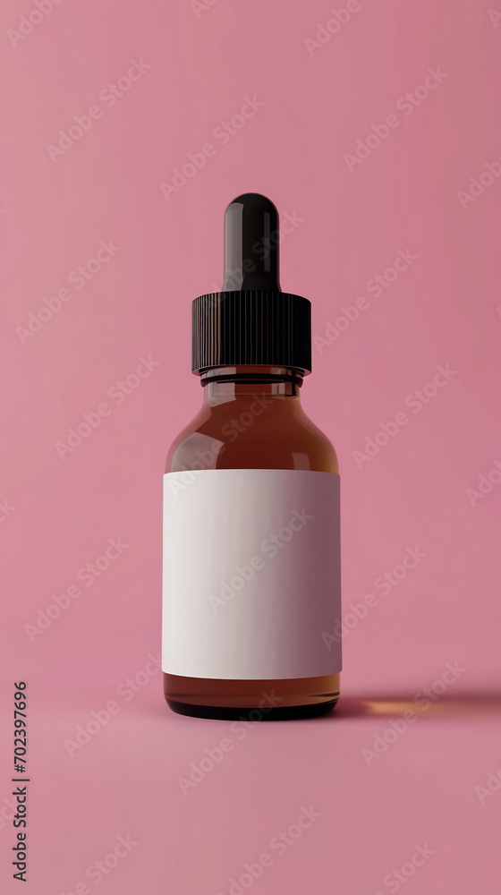 dropper bottle with a simple white label against a pink background dropper bottle with a simple white label against a pink background