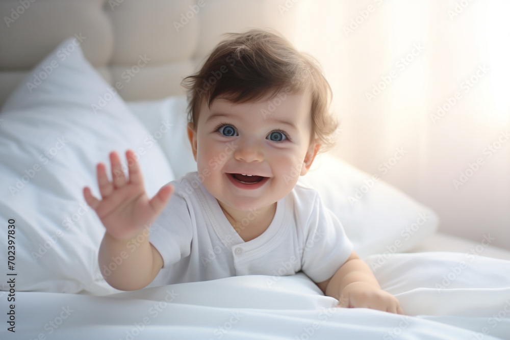 Joyful baby on a soft white bed reaches out with a tiny hand smiling playfully against a neat light backdrop capturing a moment of innocent curiosity