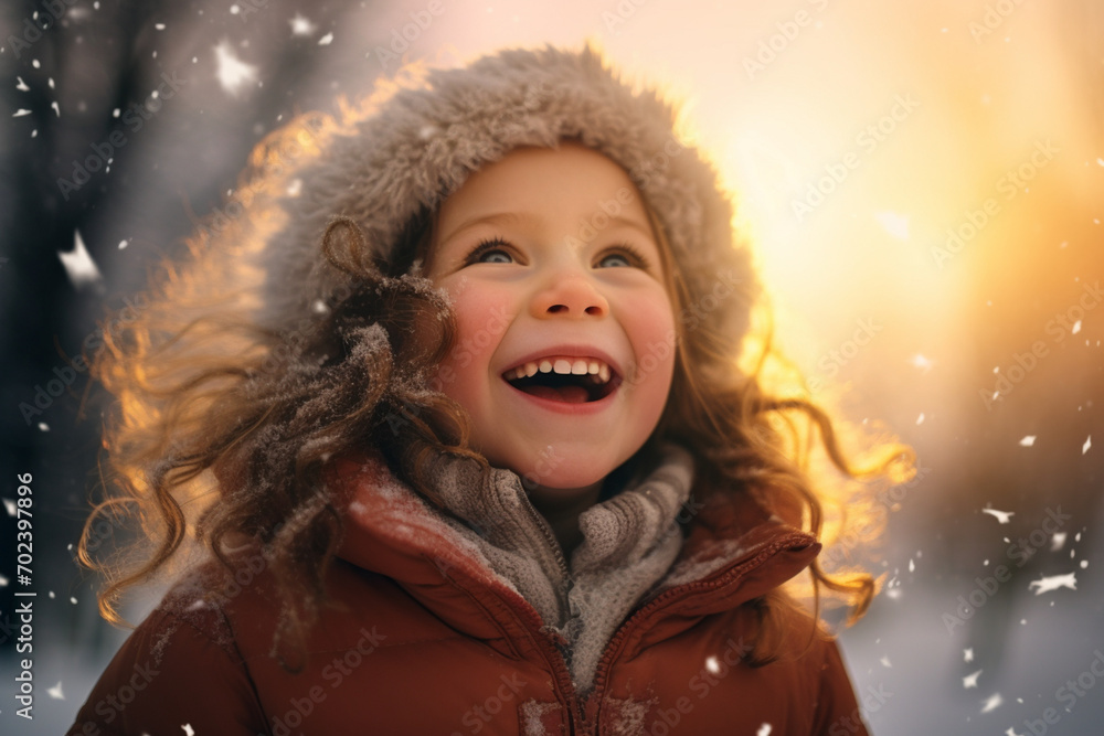 Joyful Child Revels in Winter Sunlight Amidst Snowflakes Joyful Child Revels in Winter Sunlight Amidst Snowflakes