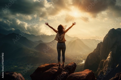 A young woman reaches the top of a mountain and celebrates with arms wide open. Concept: Success in life