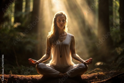 A young blonde woman practicing yoga in a forest with celestial light. Concept: Meditating in nature