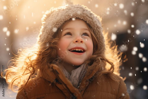 Joyful Child Revels in Winter Sunlight Amidst Snowflakes