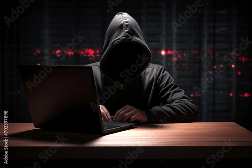 A hooded computer hacker cracking digital code to hack into the mainframe of a network and disrupt systems to black mail, hold to ransom or take down companies, products or service
