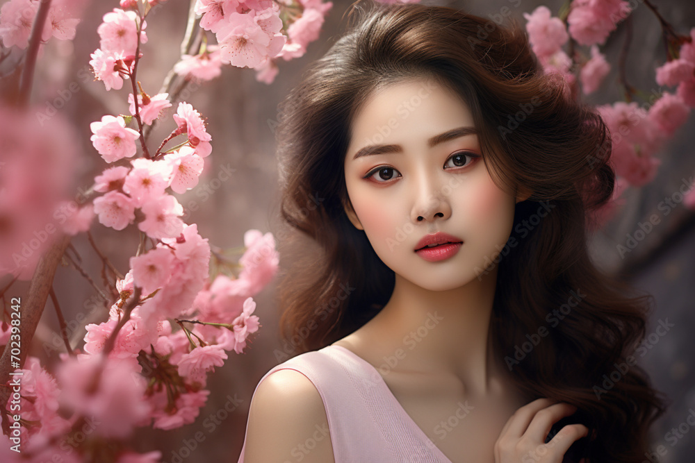 Korean Beauty Model with Flawless Skin and Spring Blossoms 