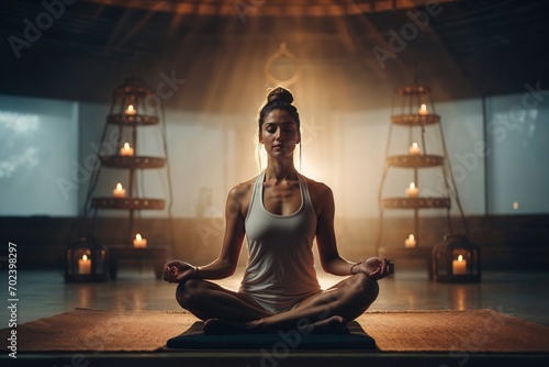 A young woman practicing yoga in a room filled with candles and dim light. Concept  Meditating and doing yoga to combat stress.